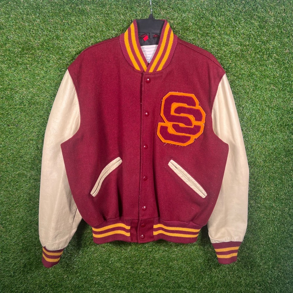 Vintage DeLONG Sportswear Varsity Letterman Jacket Burgundy Leather Wool Size 42